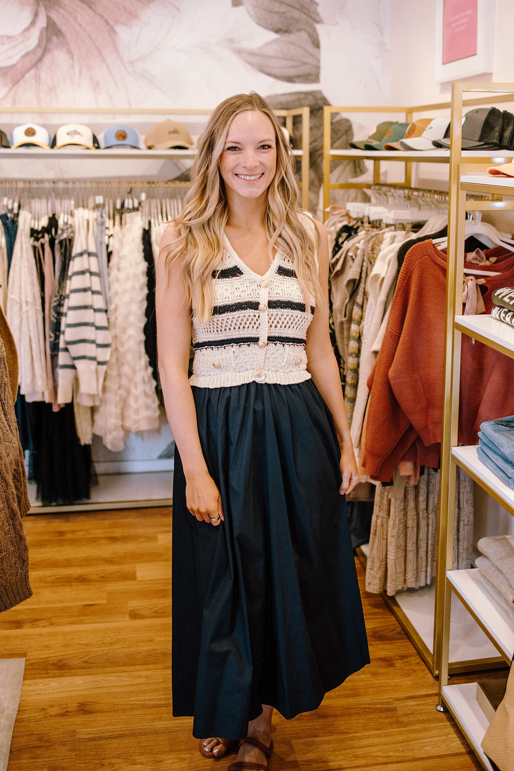 mixed media modern rib maxi dress Zoe & Claire: Navy Mixed Media Maxi Dress – Primrose Park Boutique
